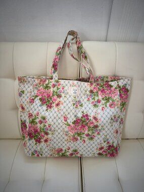 Sézane x Andion limited edition canvas tote, blue plaid pink floral print, NWOT